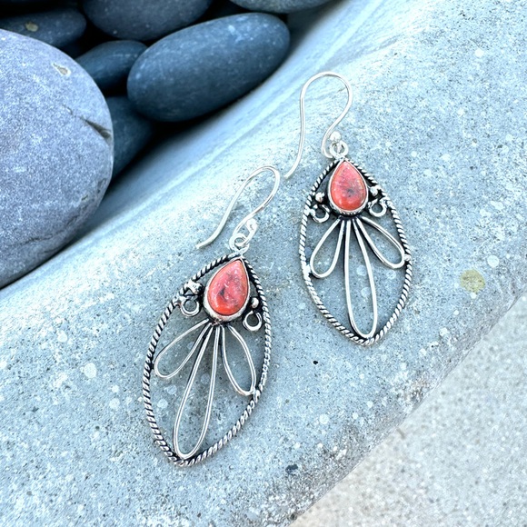 SUNDANCE orange copper turquoise earrings STERLING Silver gemstone GIFT floral - Picture 2 of 4